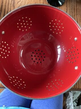 Source Unknown Red Enamel Colander with Silver Rim